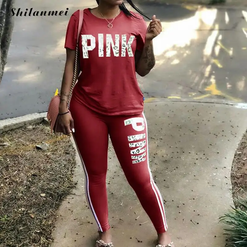 Розовый спортивный костюм с буквенным принтом для женщин размера плюс, спортивный костюм 3xl, футболки и обтягивающие штаны, комплекты, костюмы для женщин, повседневный комплект из двух предметов