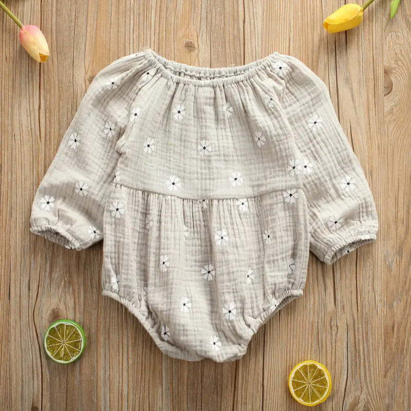 0-24M Newborn Cotton Linen Romper Infant Baby Girl Floral Long Sleeve Romper Toddler Baby Clothes Outfit Playsuit