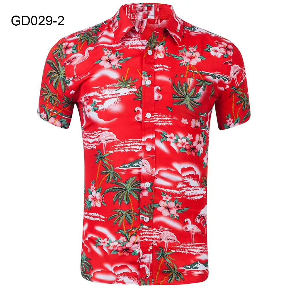 Новинка, Гавайские рубашки для мужчин, летняя мужская рубашка с принтом фламинго, кокосовой пальмы, рубашки с отложным воротником и коротким рукавом, мужские топы, Camisa - Цвет: 2