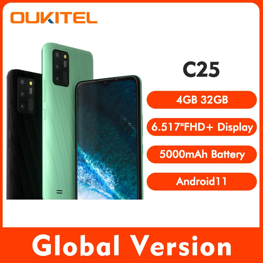Смартфон OUKITEL C25 4 + 32 ГБ Android 11 6 52 дюйма 5000 мАч тройная задняя камера 13 МП | Мобильные