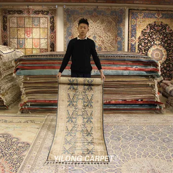 

Yilong 2.5'x10' silk oriental rug runners blue handknotted handmade persian rug runner (YL1745A)