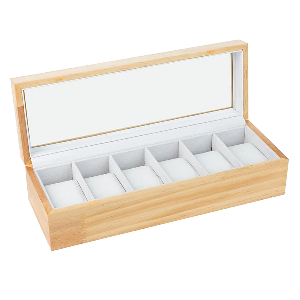 

6 Grids Pine Wood Watch Display Box Case Jewelry Storage Organizer Collection