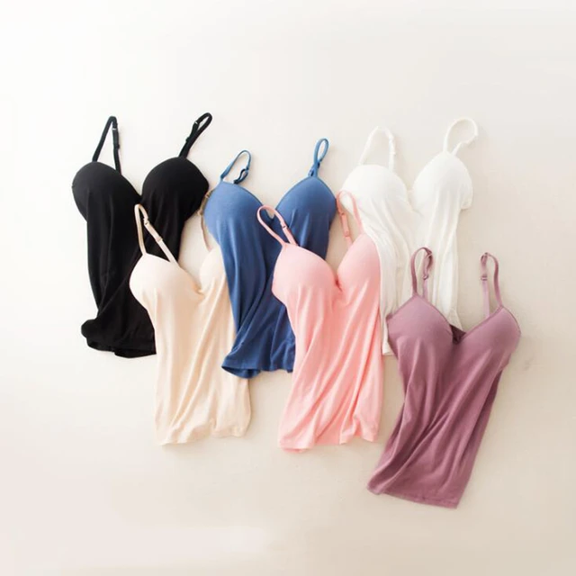 Women New Fashion Camisole with Built in Shelf Bra Adjustable Spaghetti  Strap Vest Tank Top Camis Solid Color Sexy Pink Nude Top - AliExpress