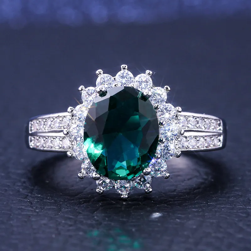 USTAR большой зеленый овал, куб, цирконий Свадебные Кольца для женщин блестящие фианиты кристаллы Серебряный палец женские кольца для помолвки Anel подарки
