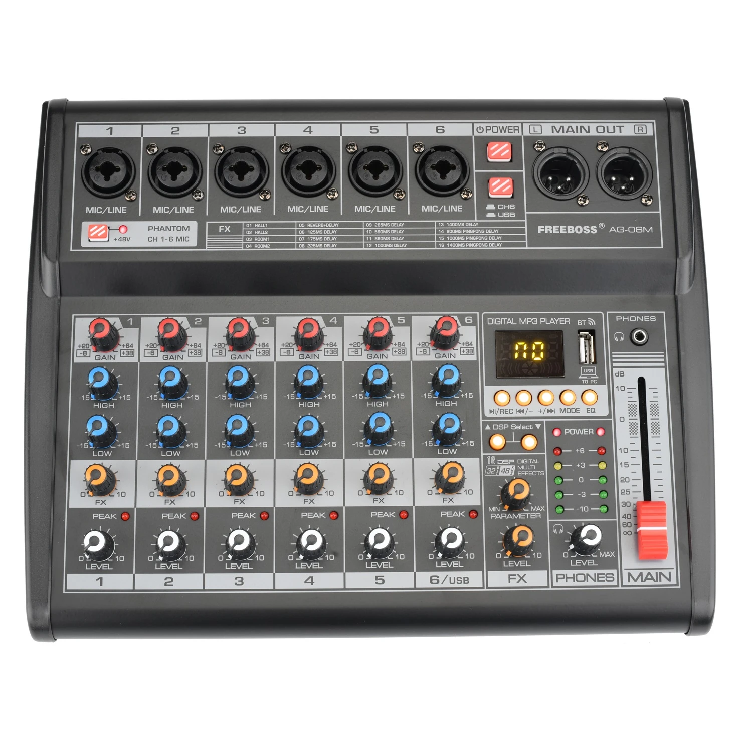 Freeboss AG 06M Sound Card Mixing Console 48V Phantom Power 16 digital USB Record Function Audio