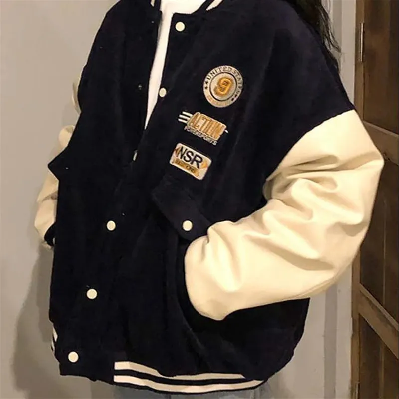 Contrasting Color Stitching Baseball Uniform Women Couple Students 2021 Spring Autumn New Retro Jacket Corduroy Coat Tide 31