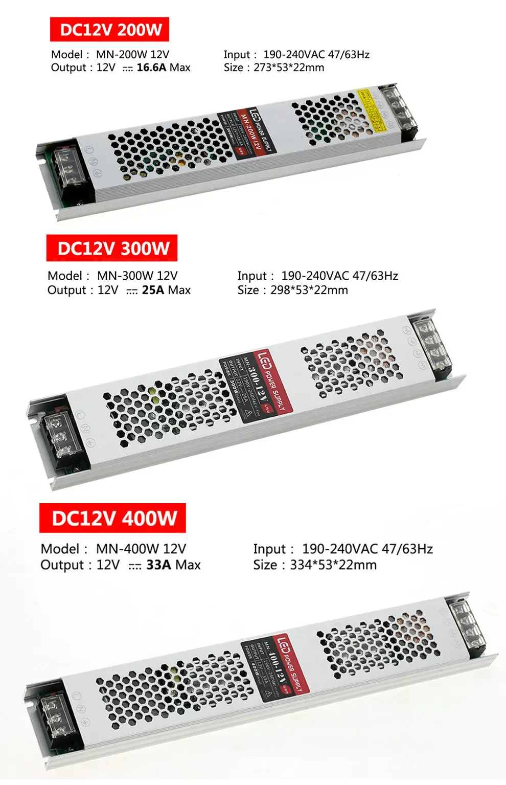 Ультра тонкий светодиодный Питание DC 12V LED трансформаторы 60W 100W 150W 200W 300W 400W AC190-240V драйвер для Светодиодный полоски