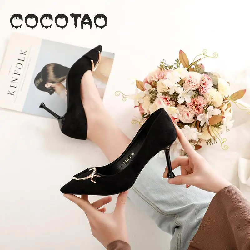 

The New 2019 Black Suede Pointed Fine Metal Button With Fashionable Joker Shallow Mouth High-heeled Shoes Women26