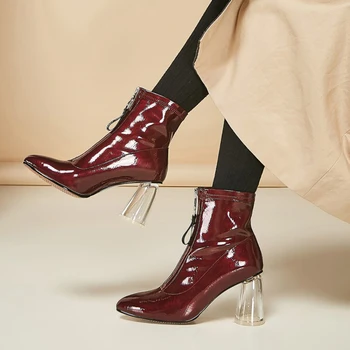 

Women Booots Front Zipper Flock Block Heels Pointed Toe Zipper Boots Short Ankle Boots Transparent Heels Size 33-42 Q635