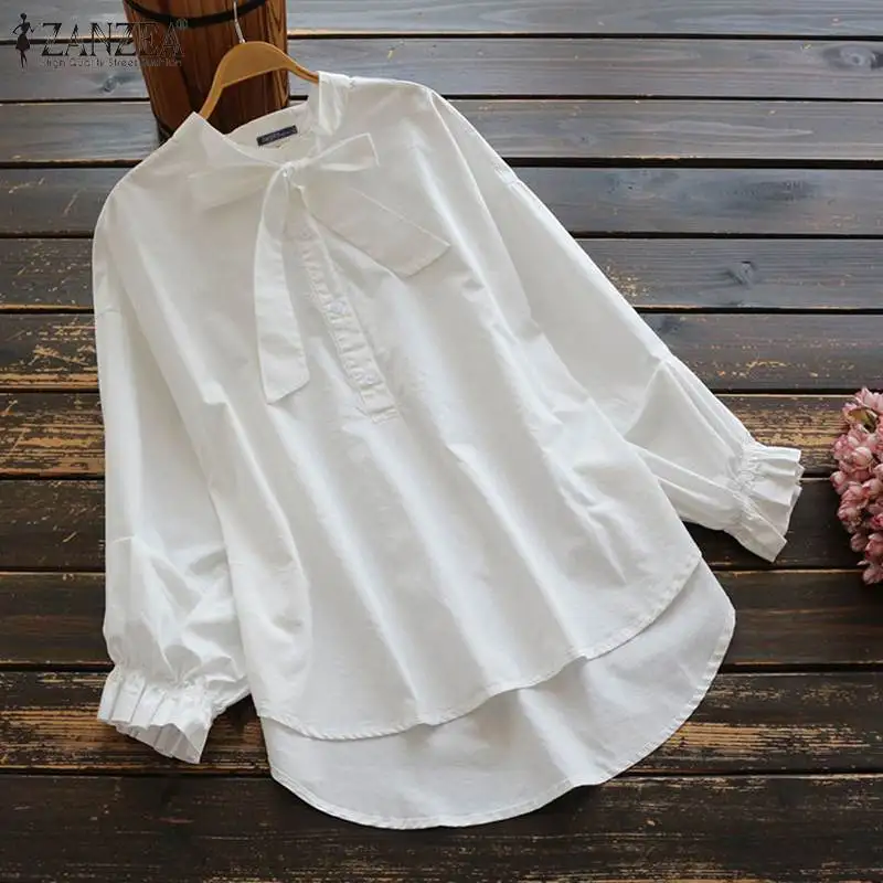  Spring Ruffles Tunic Tops ZANZEA Elegant Bow Tie Work Shirt Fashion Women Solid Long Sleeve Cotton 