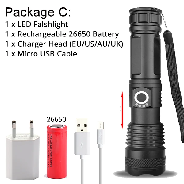 Package C Тактический XHP70.2 светодиодный фонарик самый мощный XLamp XHP50 Перезаряжаемый USB Zoom фонарь XHP70 18650 26650 охотничий фонарь для самозащиты - Испускаемый цвет: Package C