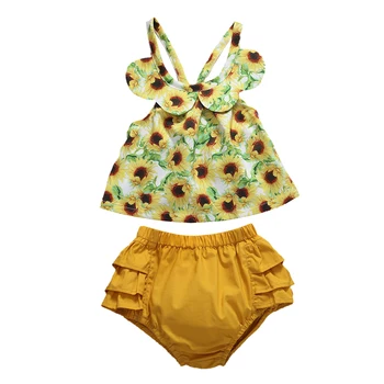 

2Pcs Set Baby Girls Outfit Summer Sunflower Printing Lace Collar Sleeveless Top Solid Color Shorts Set