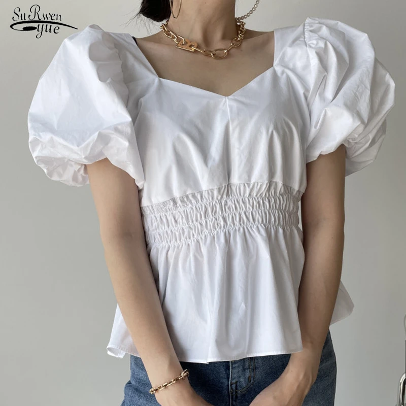 

2023 Summer Elegant Comfort Women blouse Puff Sleeve V-neck Short Sleeve Lady Shirt Elastic Smock Solid Female Tops blusas 15877