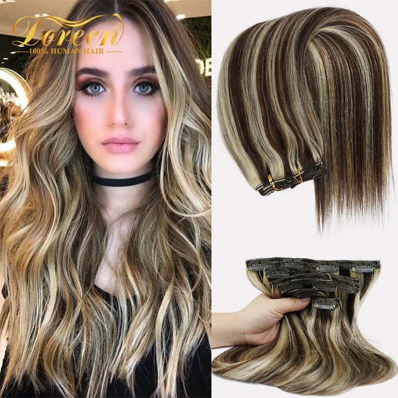 

Doreen 24 Inch 120G 160G Platinum Blonde Highlights on Brown Hair Brunettes 100% Real Human Hair Clip in Extensions Machine Remy