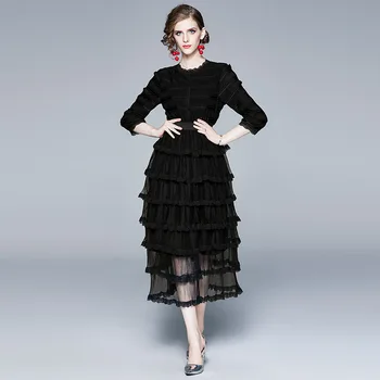 

Women Black Dress Spring Cascading Layers Club Vestidos Slim Sexy Lace Hollow Out Three Quarter Sleeve Cake Dresses QY38130