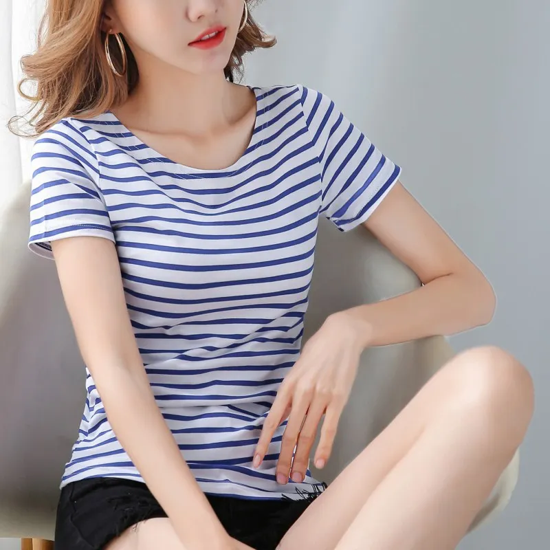 

Women Tshirt Summer Striped Top Casual Ladies Round Neck Short Sleeve Bottoming Tee Shirt Femme