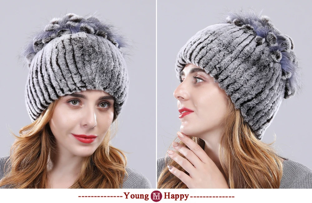 Women Real Rex Rabbit Fur Hats Lady Handmade Knitted Striped Genuine Rex Rabbit Fur Cap Winter Warm Fashion Fur Beanies
