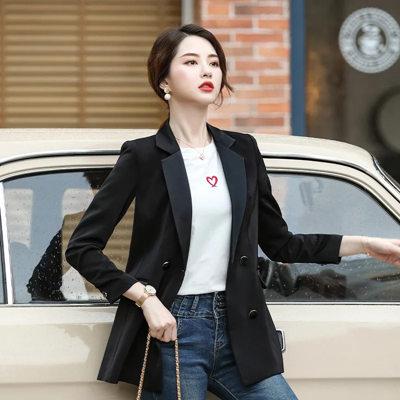 

Small Suit Coat Women's 2019 Spring And Autumn New Style Double Breasted Long Sleeve Slim Fit Women's Versatile Casual Black And