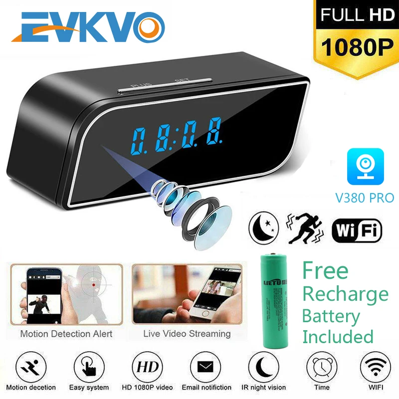 EVKVO 1080P HD Часы камера WIFI управление Скрытый ИК ночного вида будильник видеокамера