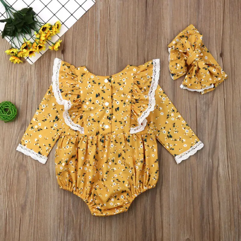 Боди для новорожденных девочек с цветочным рисунком и оборками; боди с длинными рукавами; комбинезон; повязка на голову; комплект из 2 предметов; Размеры 0-24 месяцев