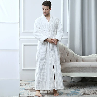 Beige men Мужской удлиненный теплый фланелевый банный халат на молнии размера плюс, толстый теплый халат из кораллового флиса для женщин и мужчин, зимний Халат - Цвет: Beige men
