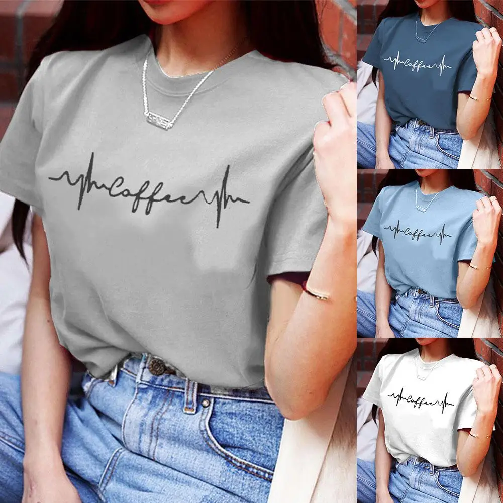 

Women T-shirts Top Coffee Letter Print Solid Color Short Sleeve T-Shirt Women Summer Casual Female Tee Top For Women Clothing