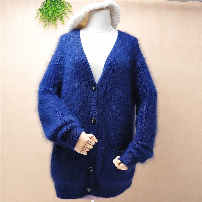 

Elegant fashion winter thick warm deep v-neck hairy striped mink cashmere loose cardigans angora rabbit hair jacket coat sweater