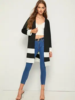 

Contrast Color Jacket Women Ladies Cardigan OL Office Long Coat Duster Jacket Open Front Long Sleeve Warm Female Casual Outwear