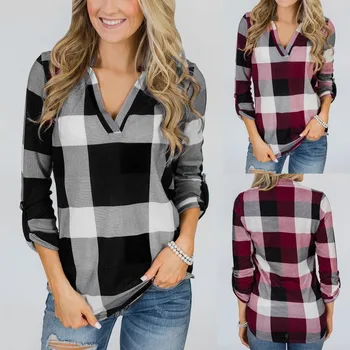 

Womens Roll Up Long Sleeve V Neck Button Plaid Lattice Shirt Print Tops roupas femininas vetements#ss