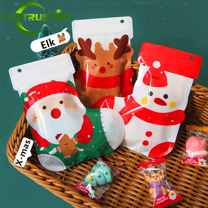 

50PCS New Year Christmas Aluminum Foil Packaging Bag Santa Claus Elk X-Mas Child Gifts Socks Party Snack Storage Hanging Pouches