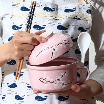 

Japanese style snowflake ceramic large soup noodles bowl with cover handle lunch box spoon and chopsticks one set