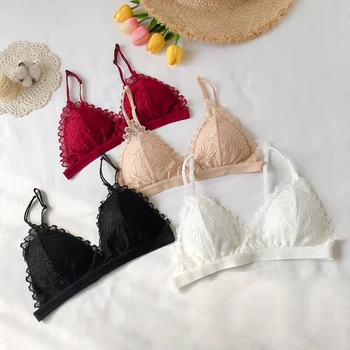 

Sexy Deep V Floral Lace Bras Bralette Intimates Thin Belt Lingerie Strap Wireless French Style Comfort Underwear