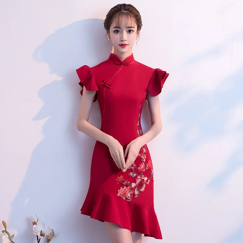 Красное свадебное платье Cheongsam в китайском стиле, винтажные женские короткие Ципао, классическое платье для выступлений на сцене, элегантные китайские платья TA1825