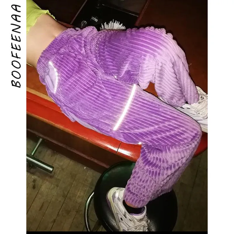 BOOFEENAA Светоотражающие фиолетовые вельветовые штаны в полоску с высокой талией, широкие штаны для женщин, уличная одежда, мешковатые брюки-карго, зимние C84-AH00
