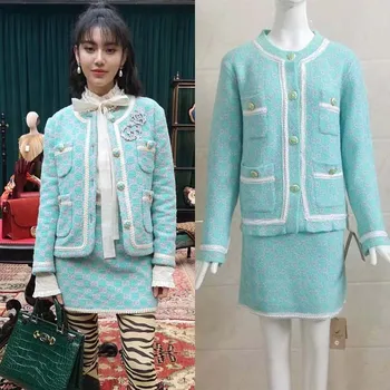 

Spring and Autumn Women New High Quality Blue Plaid Tweed Round Neck Small Fragrance Coat mini skirt fashion Occupation Two-piec