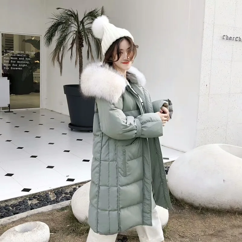 Южная Корея Dongdaemun корейский стиль выше колена пуховик женский стиль средней длины толстый воротник из натурального меха зима