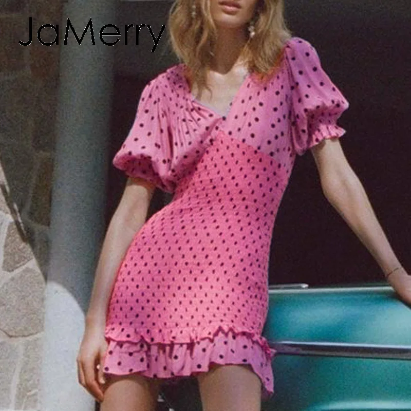 JaMerry, женское платье в горошек, сексуальное, v-образный вырез, фонарь, высокая талия, бодикон, платье для вечеринки, лето, весна, облегающее, для девушек, уличная одежда, мини-платье