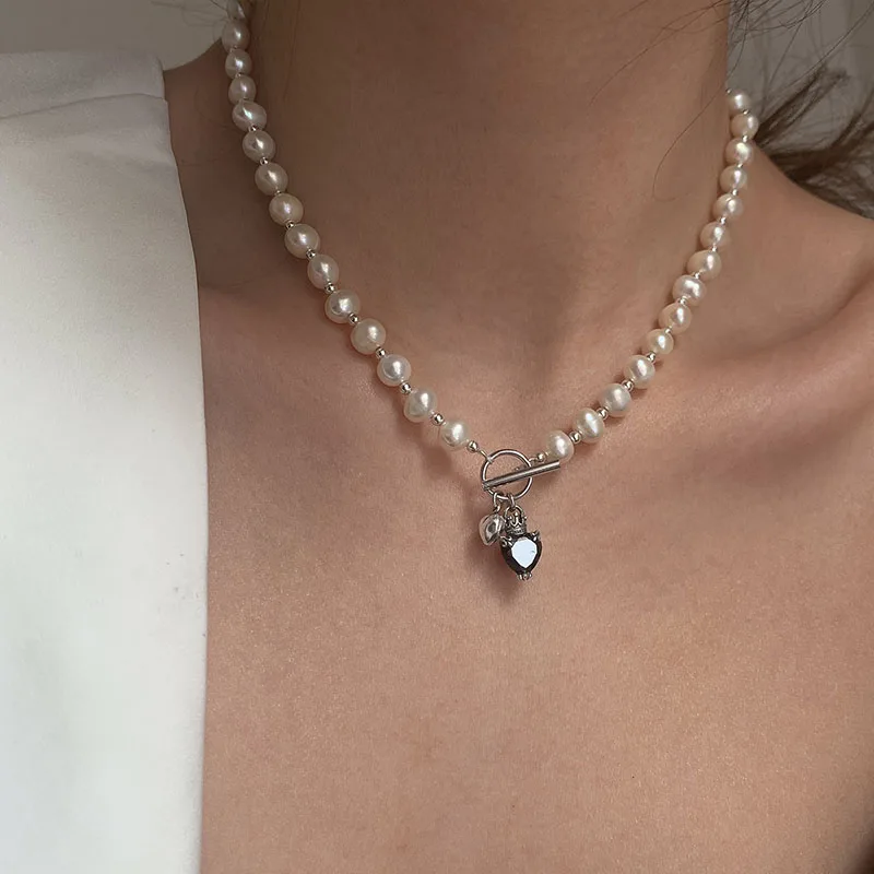 MEWANRY Silver Color Necklace Bracelet Jewelry Set Trendy Elegant Pearls LOVE Heart OT Buckle Design Girl Party Jewelry