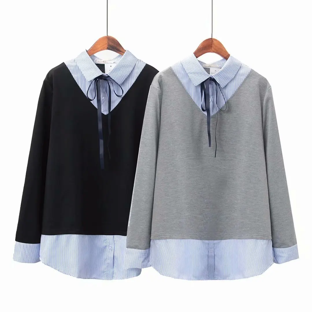 Women's Loose Stripe Tops, Female Hoodies, Plus Size Sweatshirts, Casual Clothes, Fake Two Pieces, Spring, Autumn