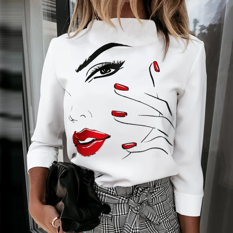 FREE SHIPPING Elegant Lips Print Blouse Shirts JKP4367