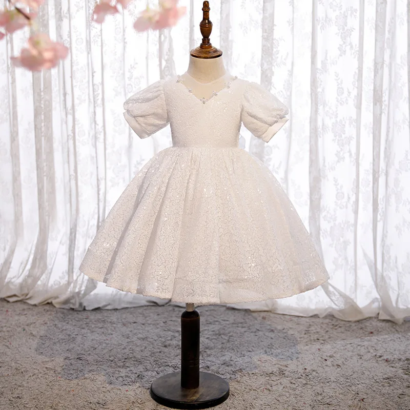 

2023 White baptism dress for baby girl christening Wedding party dress for kids girl princess summer beads Sequins puff sleeve