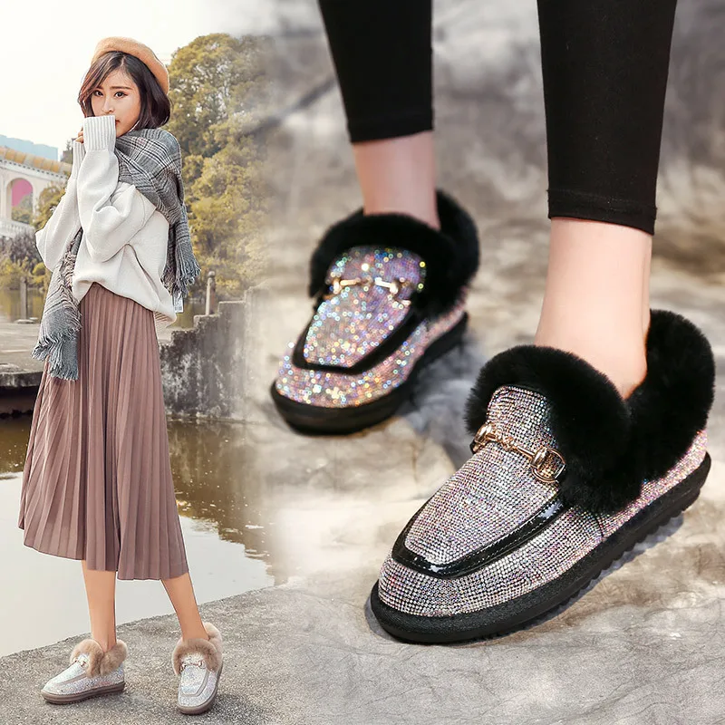 

Leather Winter Woman Boots Leather Plush Women's Snow Boots Winter Warm Fox Hair Ankle Boots Soft Plush Women Flat Cotton Shoes