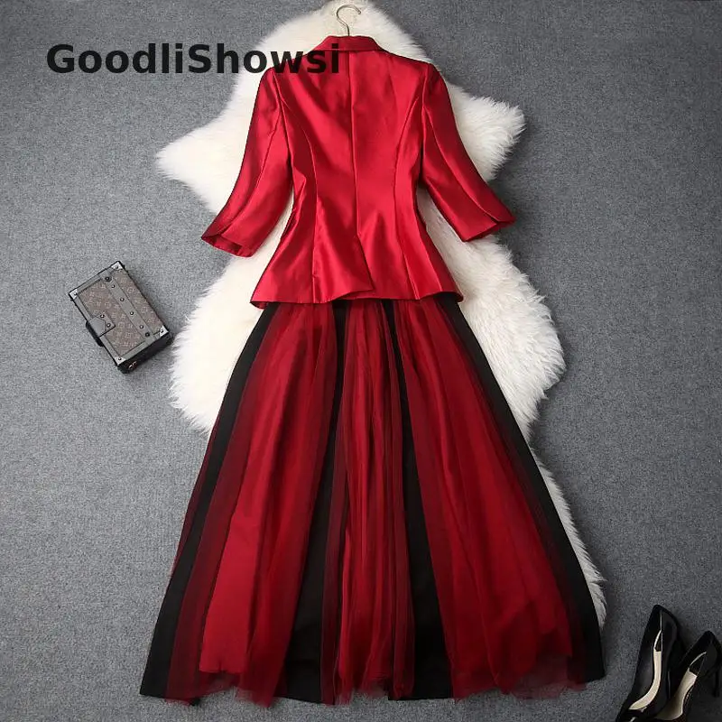 GoodliShowsi Formal 2 Piece Sets Skirt Suits Single Button Notched Red Suit Tops+ Diamonds Mesh Midi Skirt Elegant Women's Sets