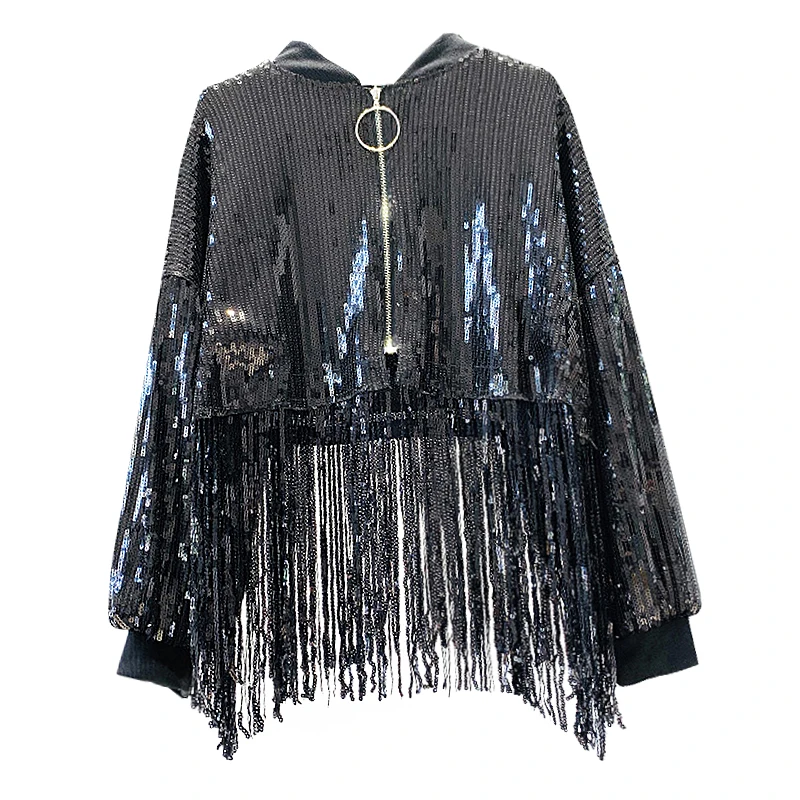 Chaquetas Mujer, Весенняя уличная куртка с серебряными пайетками, женская укороченная куртка с рукавами-фонариками и кисточками, свободное Черное короткое пальто с рукавами «летучая мышь»