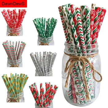 

25pcs Red Green Paper Drinking Straws Snowflake Paper Straw Xmas Tree Ornament New Year Merry Christmas Decoration For Home 2020