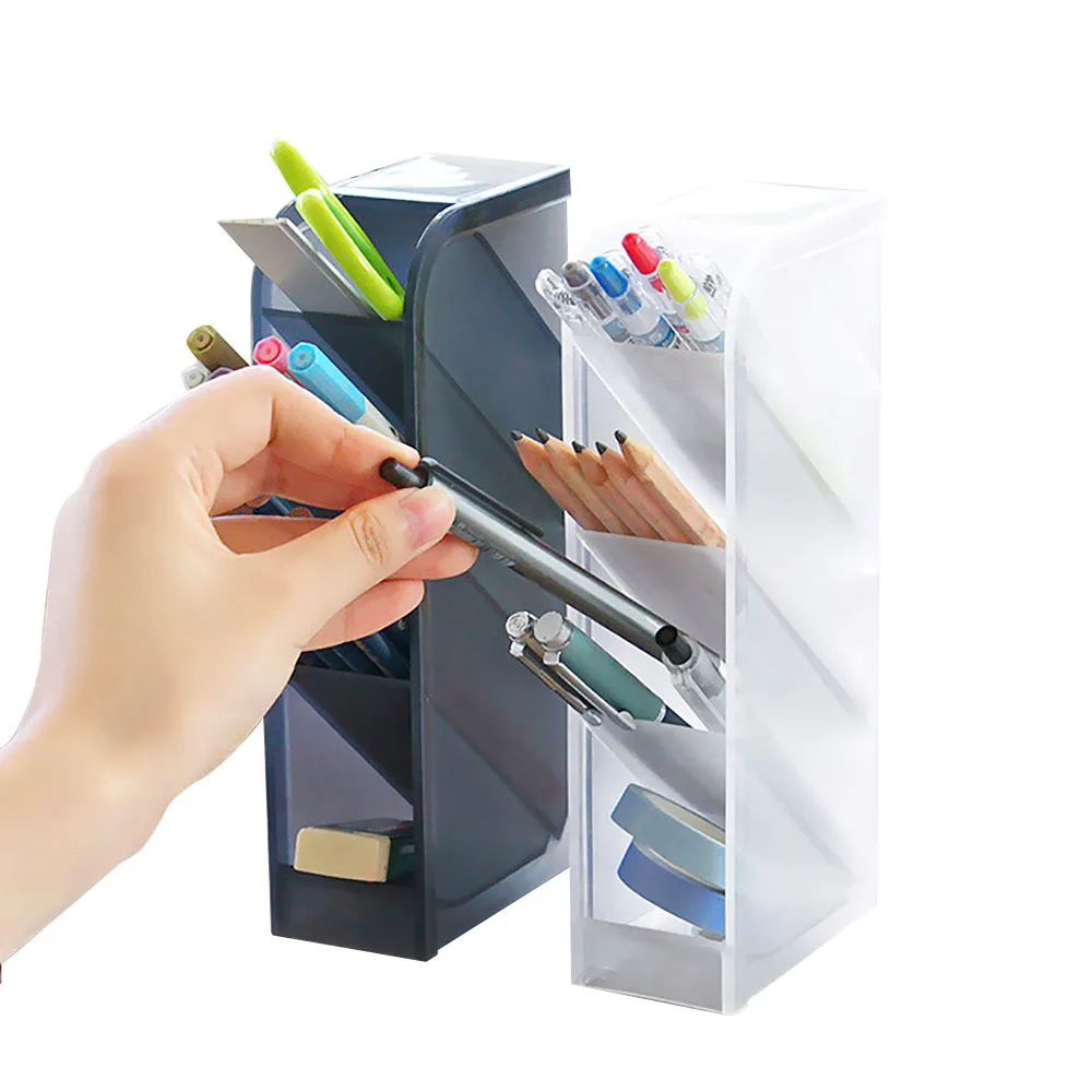 

Multi-function 4 Grid Desktop Pen Holder Office School Storage Case Clear White Black Plastic Box Desk Pen Pencil Organizer