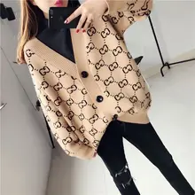 

XIAOXIANGFENG Knitted Cardigan Sweater women's 2021 Autumn Winter New Letter Jacquard Korean Loose Bottomed Jacket