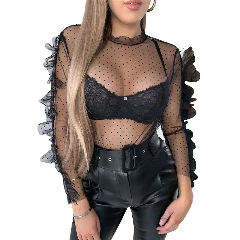 Women Blouse Tops Mesh See-through Top Ladies Blouses Polka Dot Sheer Long Sleeve Shirt Tops Womens Tops And Blouses