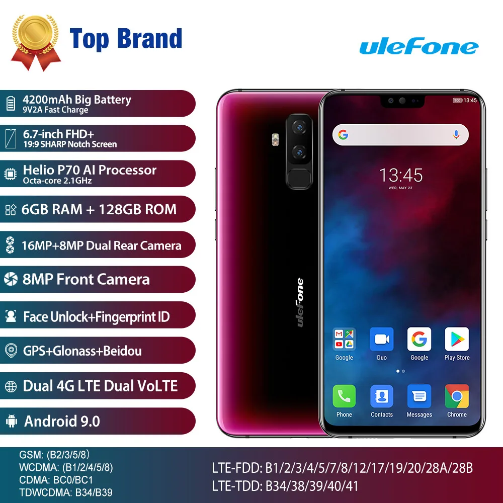  Ulefone T2 Smartphone Android 9.0 Dual 4G Cell Phone 6GB 128GB NFC Octa-core Helio P70 4200mAh 6.7