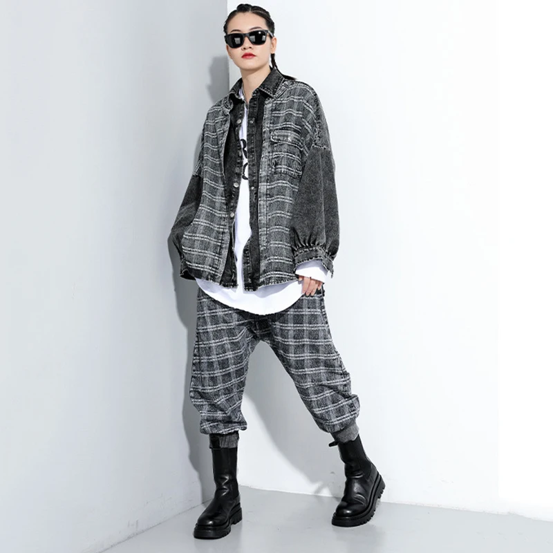 [EAM] High Elastic Waist Black Denim Plaid Harem Trousers New Loose Fit Pants Women Fashion Tide Spring Autumn 2020 1DA090